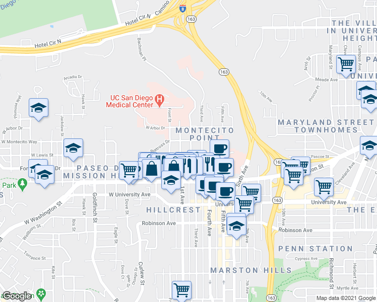 map of restaurants, bars, coffee shops, grocery stores, and more near 4136 Bachman Place in San Diego