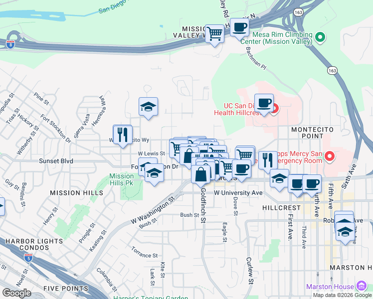 map of restaurants, bars, coffee shops, grocery stores, and more near 1011 West Montecito Way in San Diego