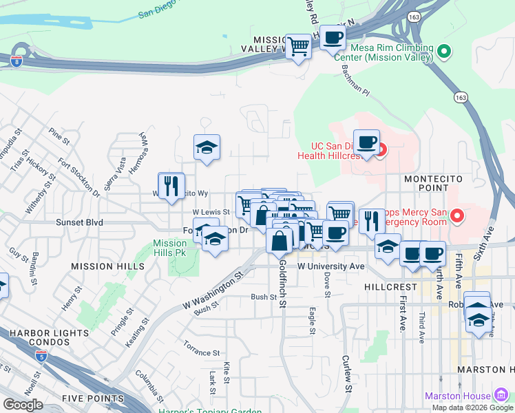 map of restaurants, bars, coffee shops, grocery stores, and more near 1011 West Montecito Way in San Diego