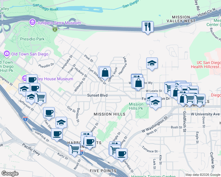 map of restaurants, bars, coffee shops, grocery stores, and more near 1853 West Montecito Way in San Diego