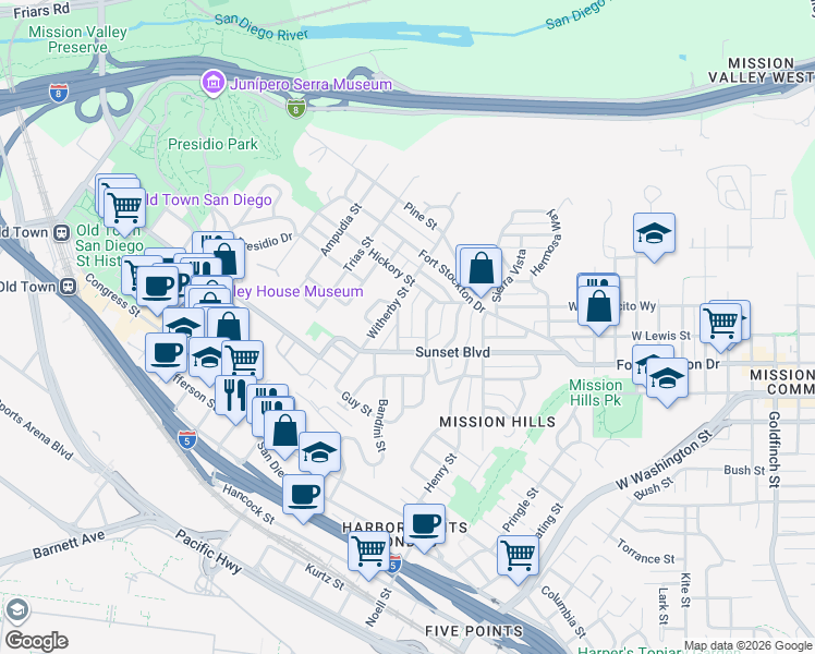 map of restaurants, bars, coffee shops, grocery stores, and more near 4265 Ingleside Avenue in San Diego