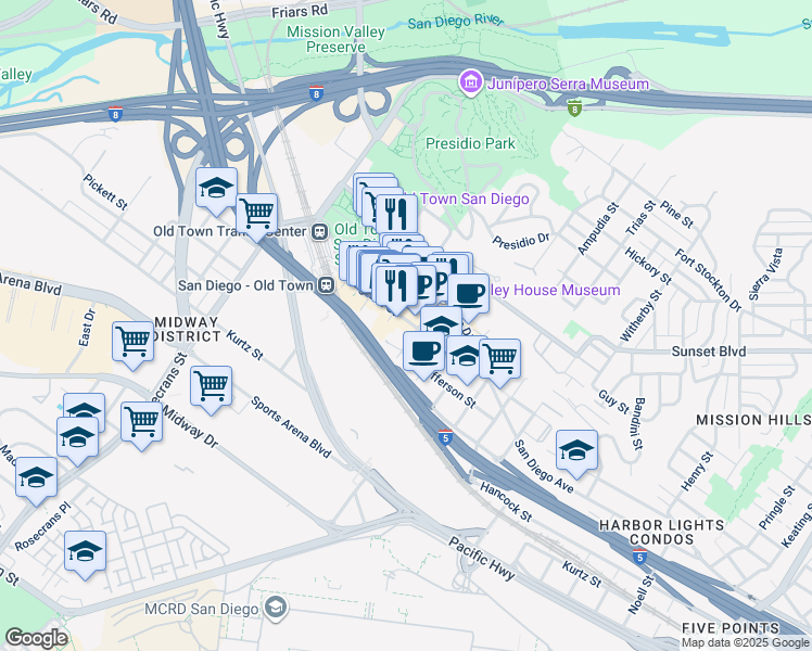 map of restaurants, bars, coffee shops, grocery stores, and more near in San Diego