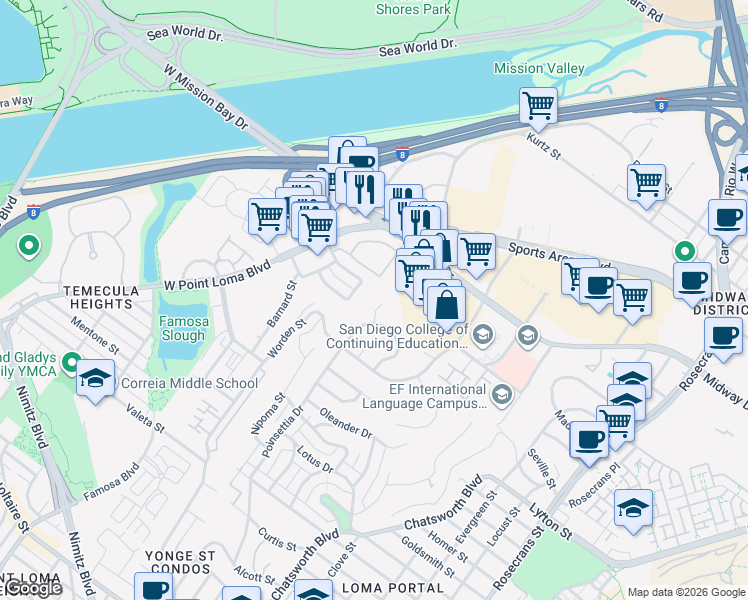 map of restaurants, bars, coffee shops, grocery stores, and more near 3151 Groton Way in San Diego