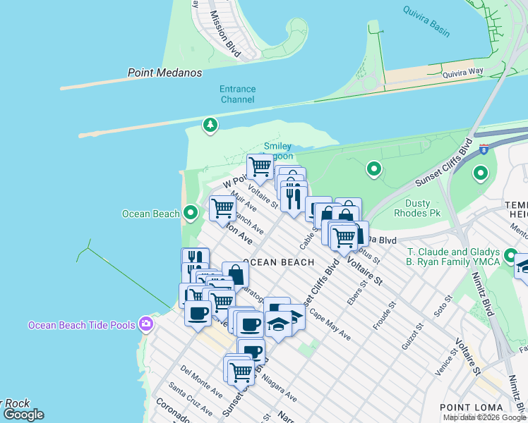 map of restaurants, bars, coffee shops, grocery stores, and more near 5045 Voltaire Street in San Diego
