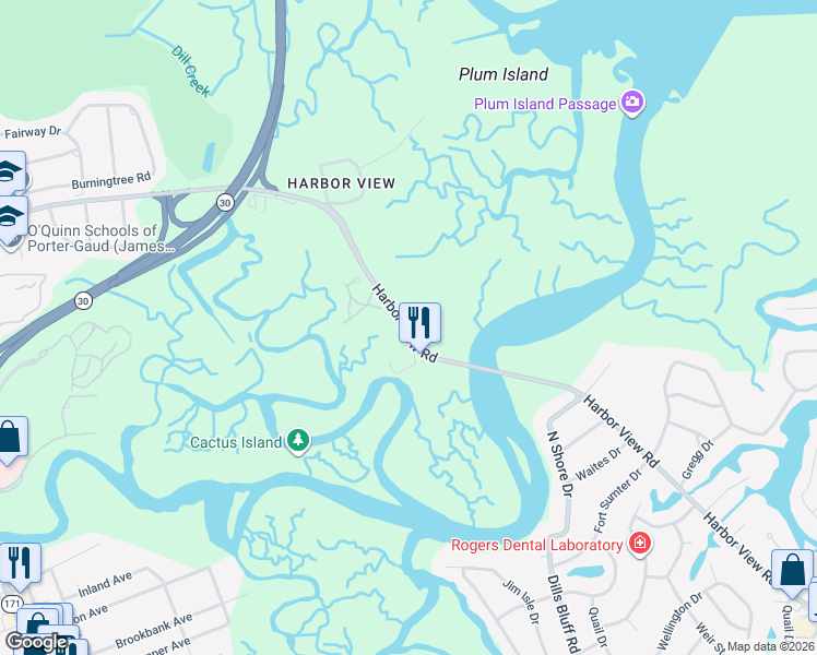map of restaurants, bars, coffee shops, grocery stores, and more near 3 Old Summer House Road in Charleston