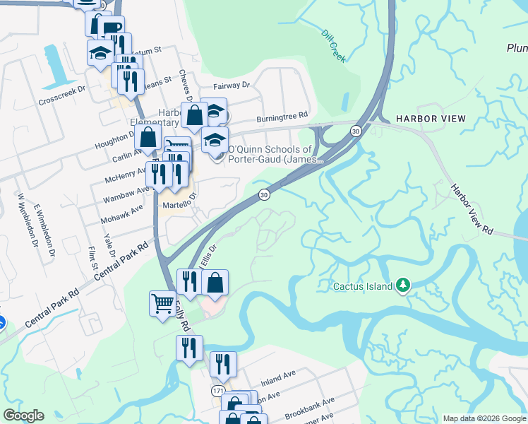 map of restaurants, bars, coffee shops, grocery stores, and more near 2212 Telfair Way in Charleston