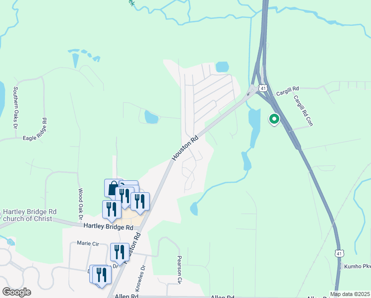 map of restaurants, bars, coffee shops, grocery stores, and more near 5421 Houston Road in Macon