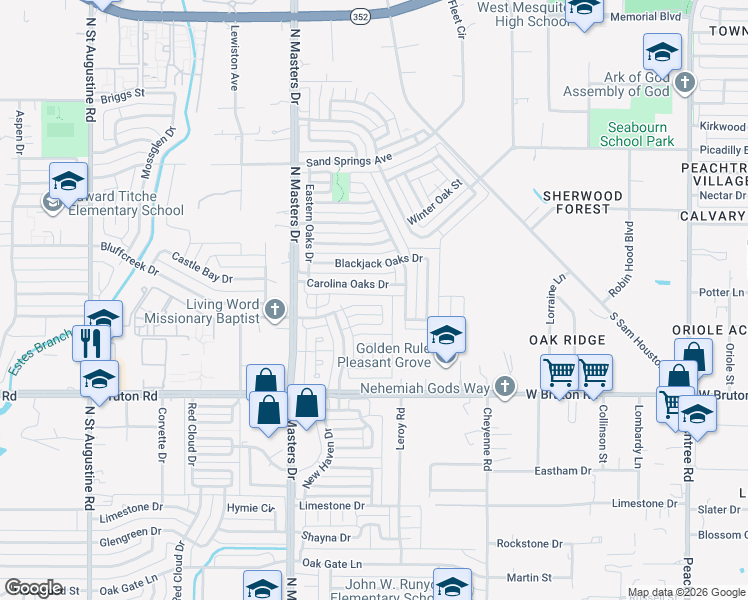 map of restaurants, bars, coffee shops, grocery stores, and more near 10320 Carolina Oaks Drive in Dallas