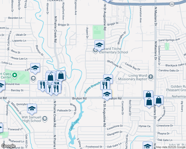 map of restaurants, bars, coffee shops, grocery stores, and more near 9541 Castlefield Drive in Dallas