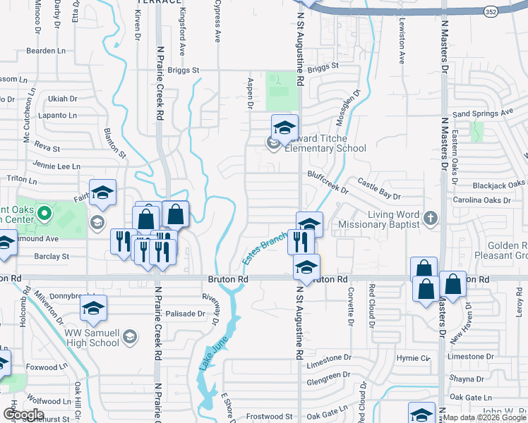 map of restaurants, bars, coffee shops, grocery stores, and more near 9541 Castlefield Drive in Dallas