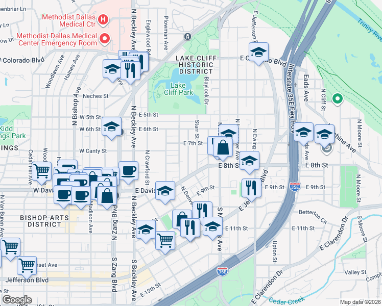 map of restaurants, bars, coffee shops, grocery stores, and more near 414 Starr Street in Dallas