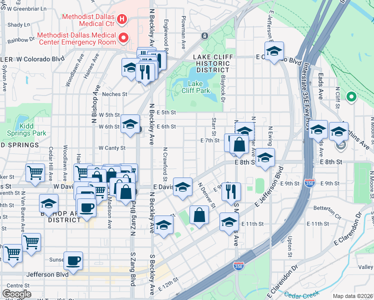 map of restaurants, bars, coffee shops, grocery stores, and more near 431 North Patton Avenue in Dallas