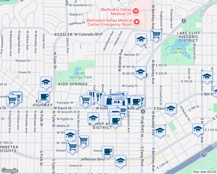 map of restaurants, bars, coffee shops, grocery stores, and more near 805 Haines Avenue in Dallas