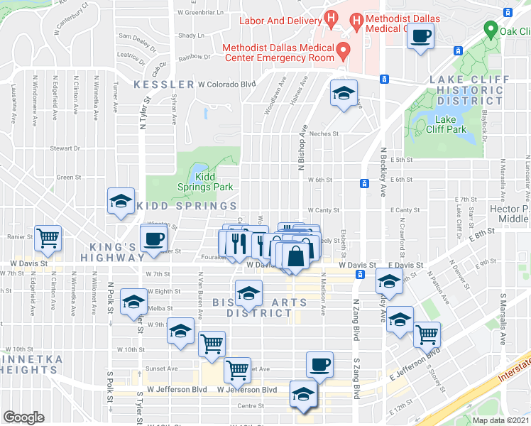 map of restaurants, bars, coffee shops, grocery stores, and more near 805 Haines Avenue in Dallas