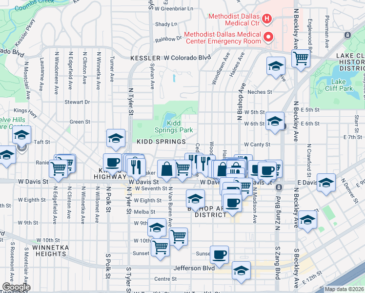 map of restaurants, bars, coffee shops, grocery stores, and more near 627 West Canty Street in Dallas