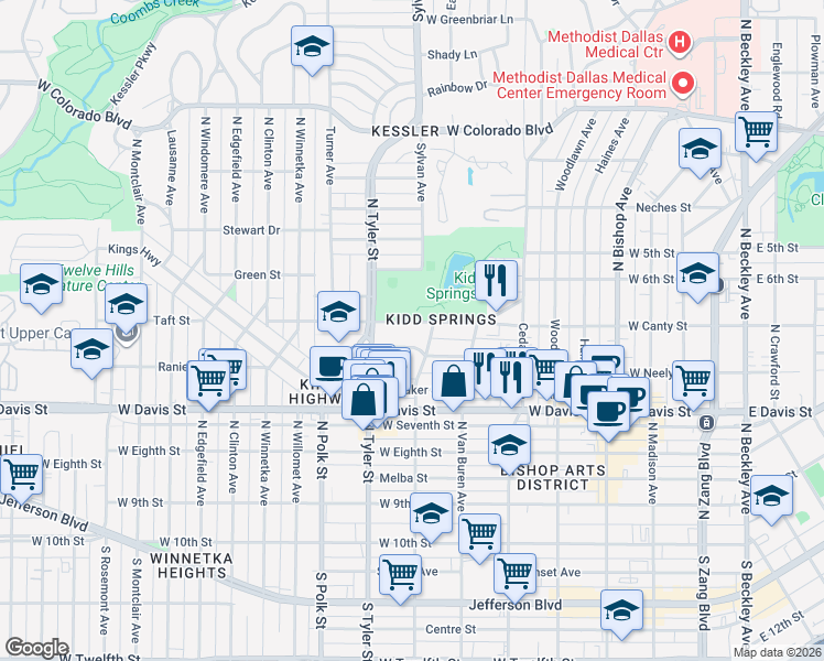 map of restaurants, bars, coffee shops, grocery stores, and more near in Dallas