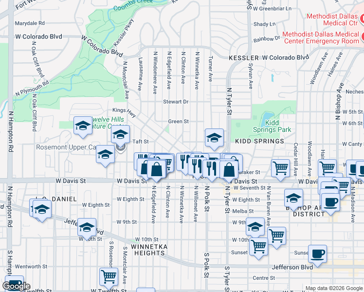 map of restaurants, bars, coffee shops, grocery stores, and more near 814 North Clinton Avenue in Dallas