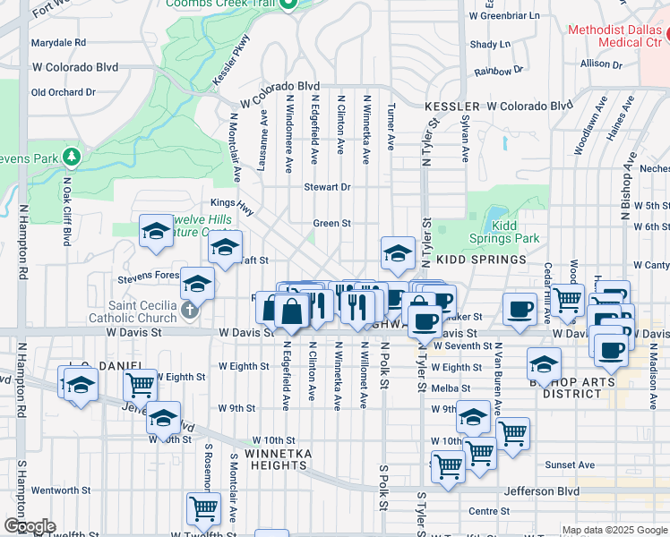 map of restaurants, bars, coffee shops, grocery stores, and more near 814 North Clinton Avenue in Dallas