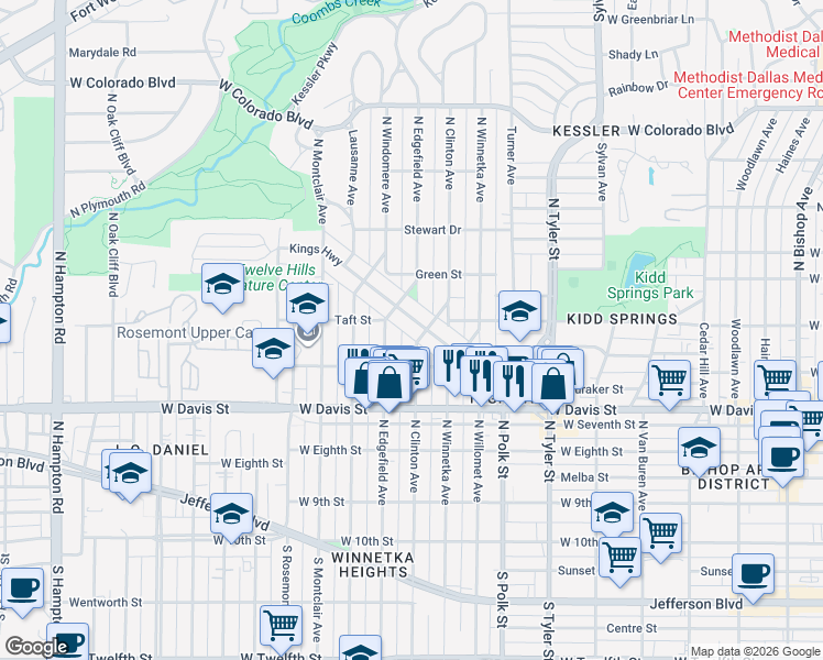 map of restaurants, bars, coffee shops, grocery stores, and more near 1302 Kings Highway in Dallas
