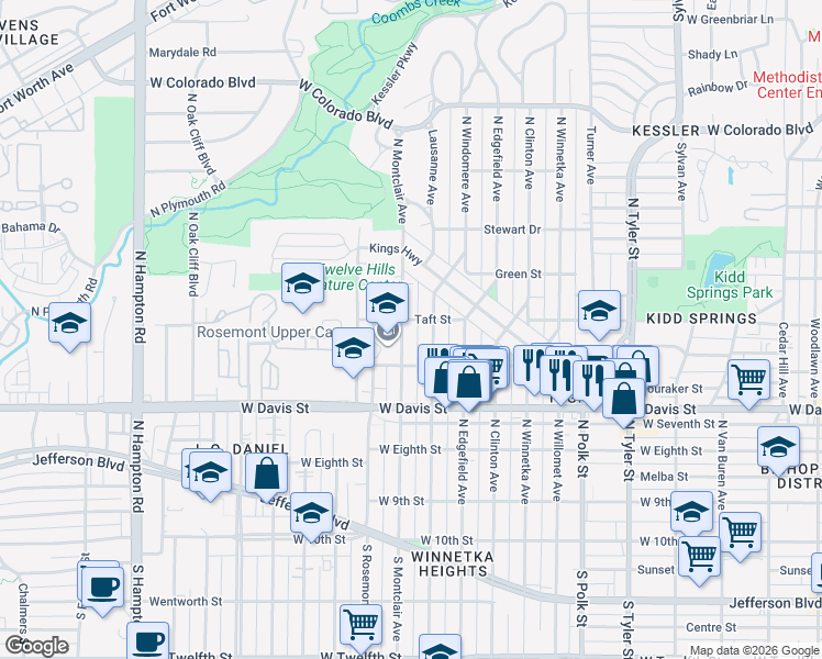 map of restaurants, bars, coffee shops, grocery stores, and more near 802 North Montclair Avenue in Dallas