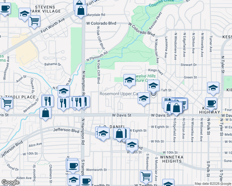 map of restaurants, bars, coffee shops, grocery stores, and more near 715 Kessler Woods Trail in Dallas