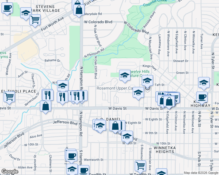 map of restaurants, bars, coffee shops, grocery stores, and more near 715 Kessler Woods Trail in Dallas