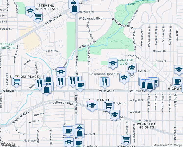 map of restaurants, bars, coffee shops, grocery stores, and more near 2200 Kessler Parkway in Dallas