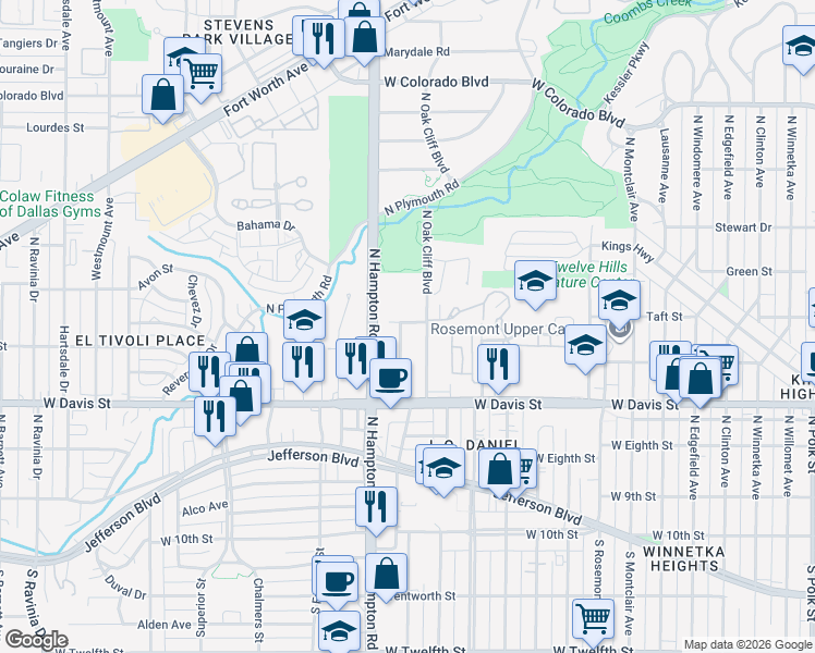 map of restaurants, bars, coffee shops, grocery stores, and more near 807 North Oak Cliff Boulevard in Dallas