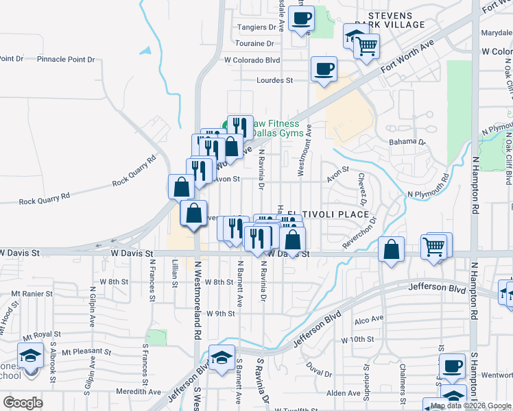 map of restaurants, bars, coffee shops, grocery stores, and more near 902 North Ravinia Drive in Dallas