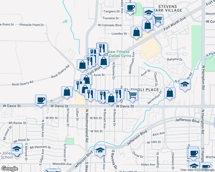 map of restaurants, bars, coffee shops, grocery stores, and more near 827 North Barnett Avenue in Dallas