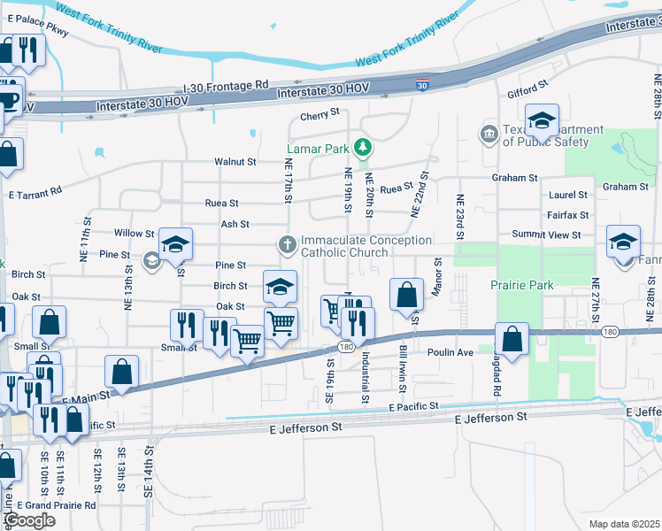 map of restaurants, bars, coffee shops, grocery stores, and more near 601 Northeast 18th Street in Grand Prairie
