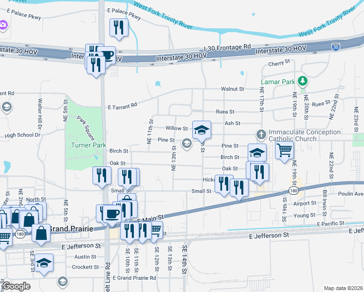 map of restaurants, bars, coffee shops, grocery stores, and more near 1302 Pine Street in Grand Prairie