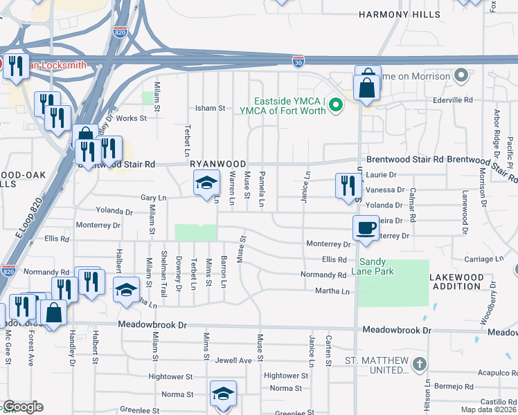 map of restaurants, bars, coffee shops, grocery stores, and more near 1817 Pamela Lane in Fort Worth