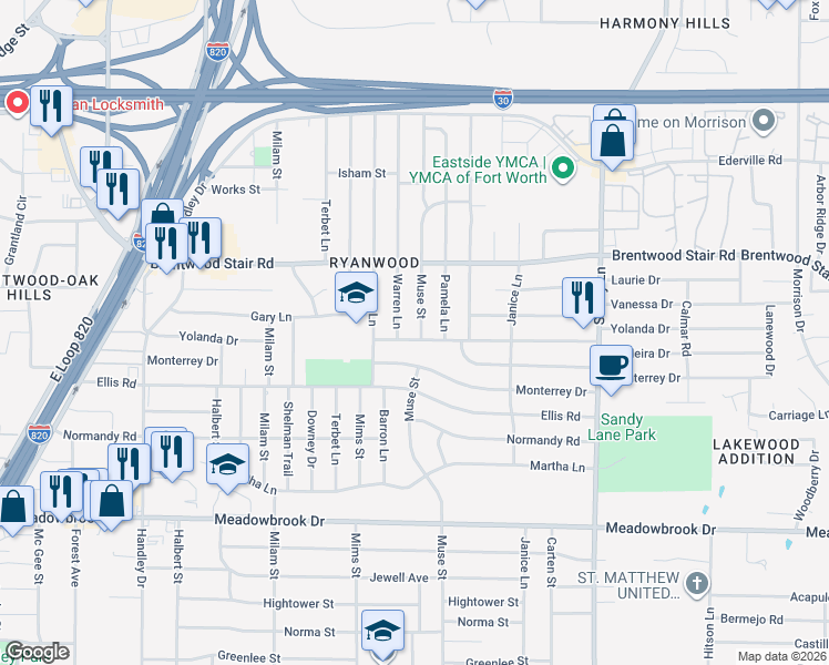 map of restaurants, bars, coffee shops, grocery stores, and more near 1816 Muse Street in Fort Worth