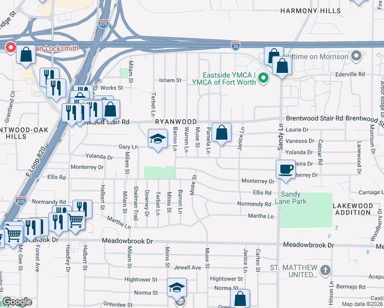 map of restaurants, bars, coffee shops, grocery stores, and more near 1816 Muse Street in Fort Worth