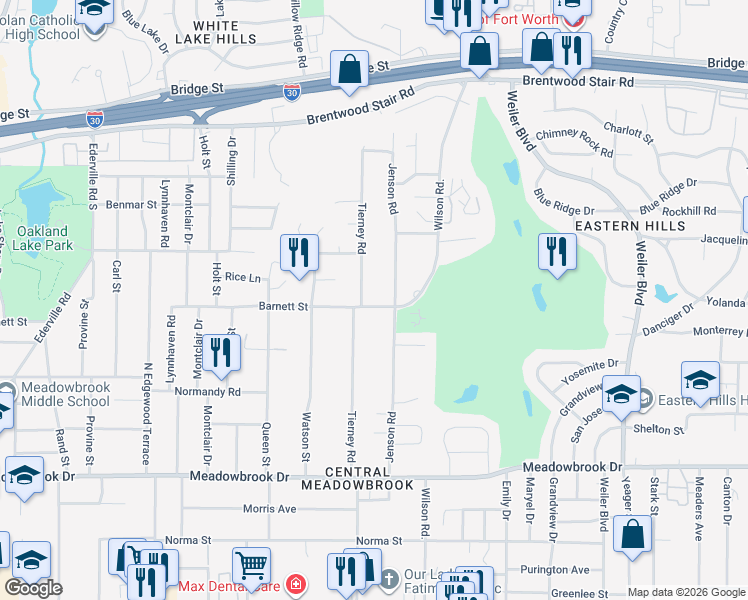 map of restaurants, bars, coffee shops, grocery stores, and more near 5025 Barnett Street in Fort Worth