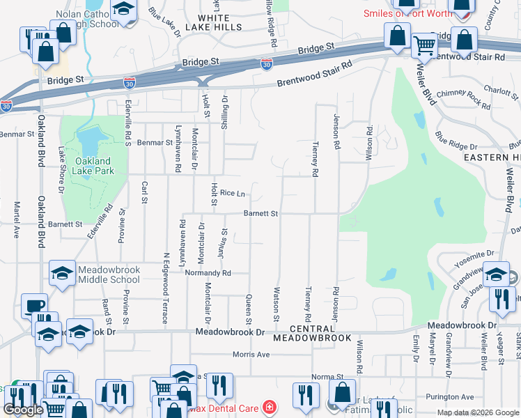 map of restaurants, bars, coffee shops, grocery stores, and more near 4912 Queen Court in Fort Worth