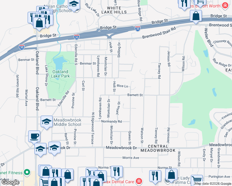 map of restaurants, bars, coffee shops, grocery stores, and more near 1721 Holt Street in Fort Worth