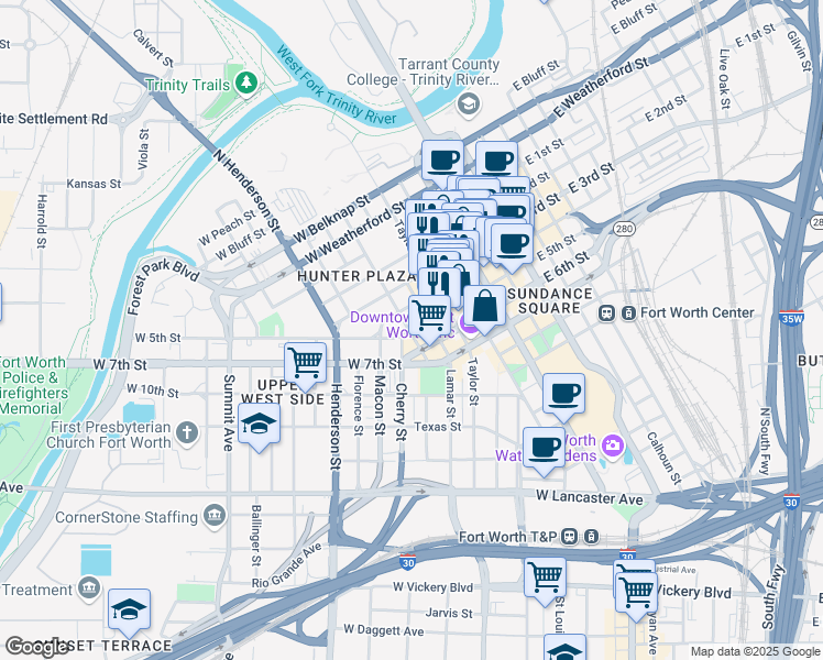 map of restaurants, bars, coffee shops, grocery stores, and more near 444 Burnett Street in Fort Worth