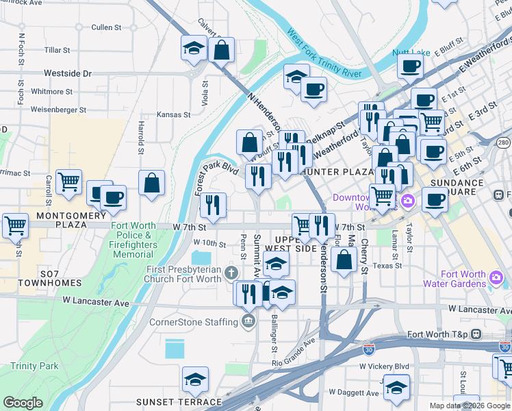 map of restaurants, bars, coffee shops, grocery stores, and more near 101 Summit Avenue in Fort Worth