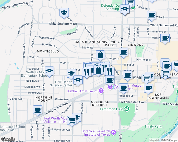 map of restaurants, bars, coffee shops, grocery stores, and more near 3336 West 6th Street in Fort Worth