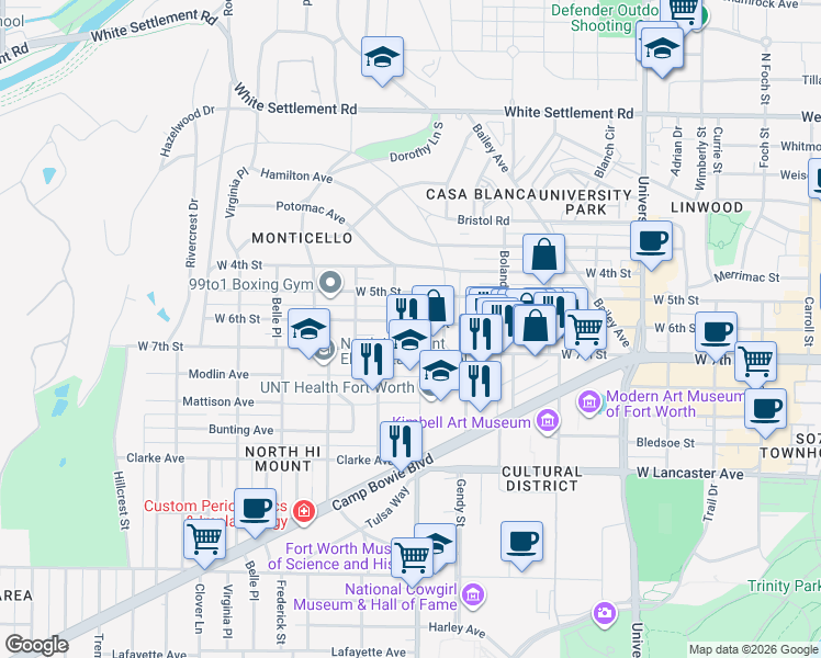 map of restaurants, bars, coffee shops, grocery stores, and more near 3700 West 6th Street in Fort Worth