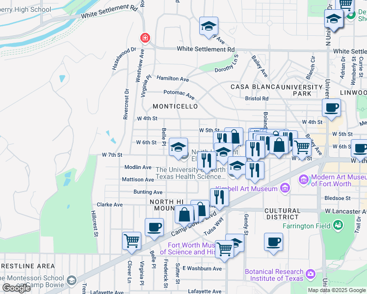 map of restaurants, bars, coffee shops, grocery stores, and more near 3790 West 6th Street in Fort Worth