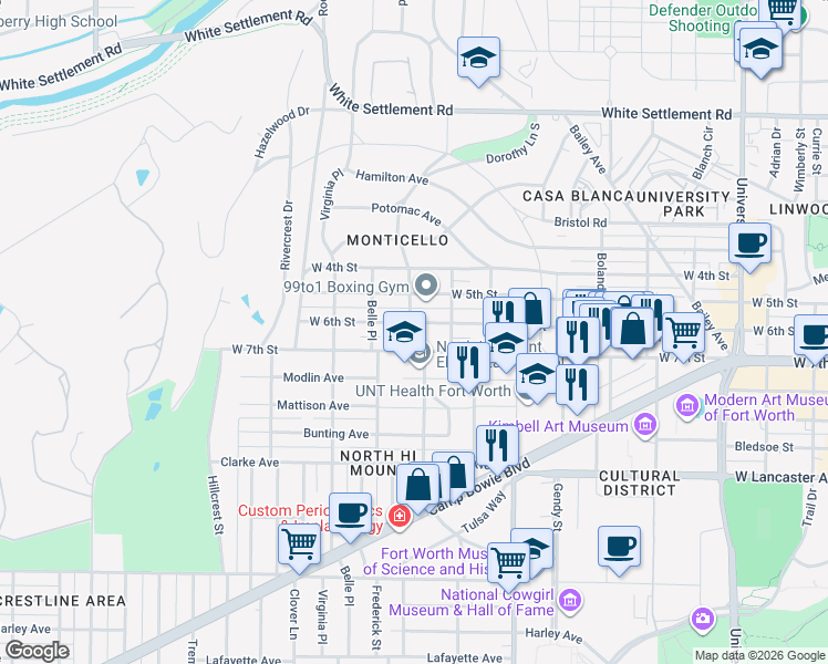 map of restaurants, bars, coffee shops, grocery stores, and more near 3790 West 6th Street in Fort Worth