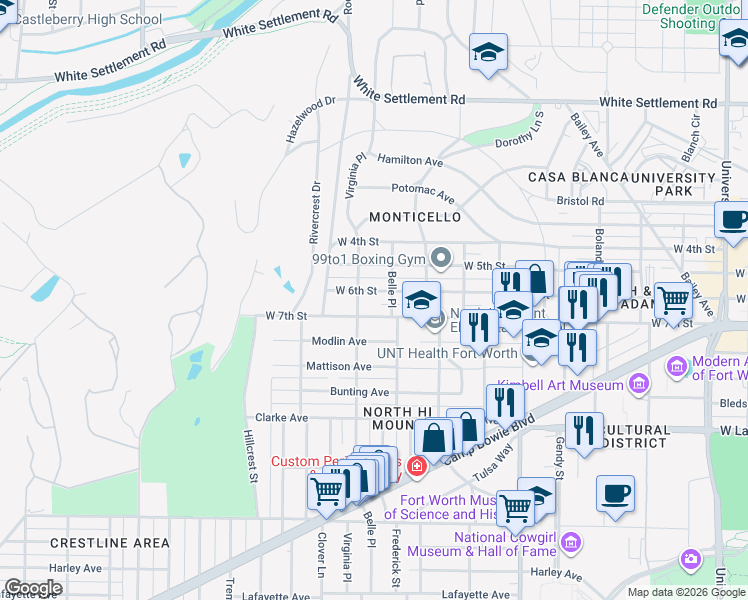 map of restaurants, bars, coffee shops, grocery stores, and more near 4000 West 6th Street in Fort Worth