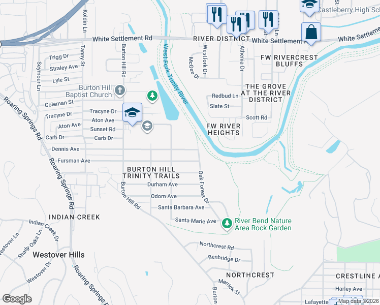 map of restaurants, bars, coffee shops, grocery stores, and more near 5408 Dennis Avenue in Fort Worth