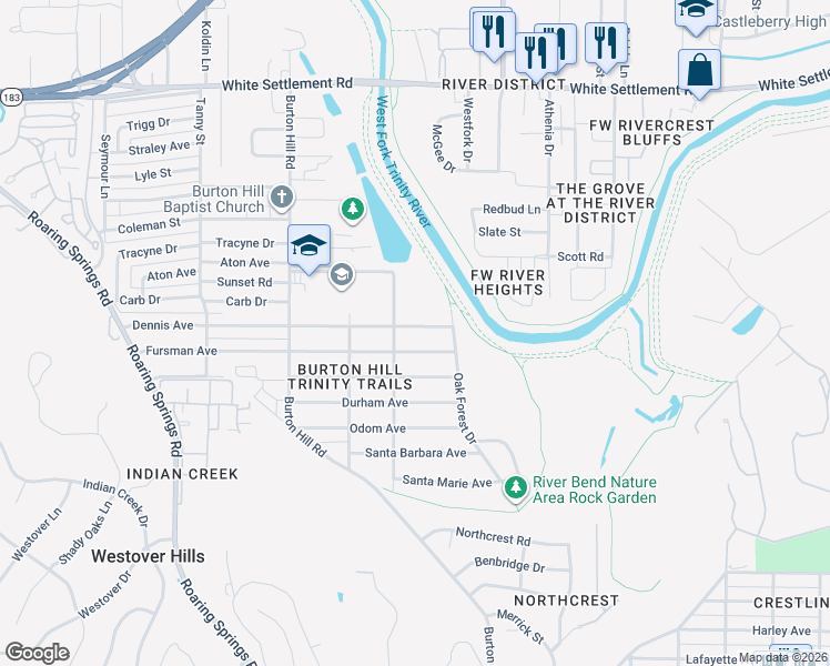 map of restaurants, bars, coffee shops, grocery stores, and more near 5436 Dennis Avenue in Fort Worth