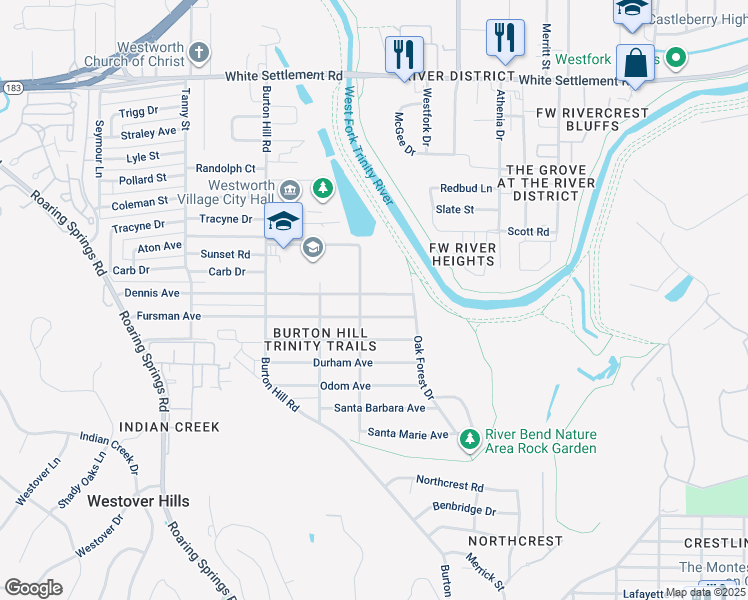 map of restaurants, bars, coffee shops, grocery stores, and more near 5436 Dennis Avenue in Fort Worth