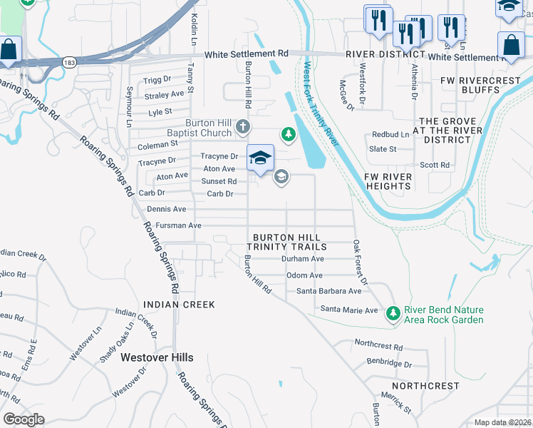 map of restaurants, bars, coffee shops, grocery stores, and more near 5620 Dennis Avenue in Fort Worth