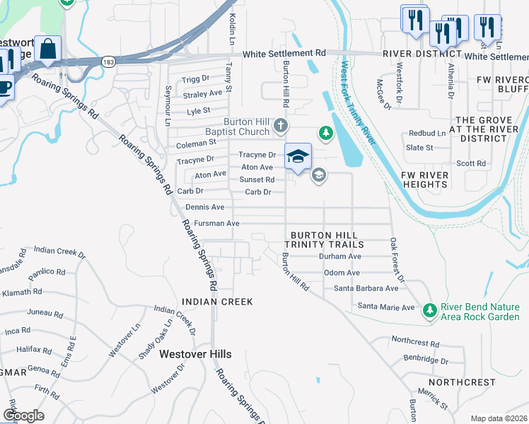map of restaurants, bars, coffee shops, grocery stores, and more near 5732 Dennis Avenue in Fort Worth